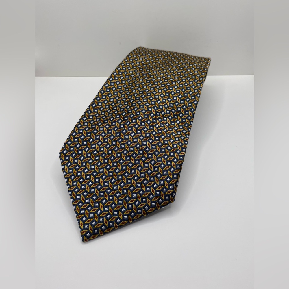 Polo University Vintage Ralph Lauren Tie Blue Yellow Diamond Pattern - 100% Silk